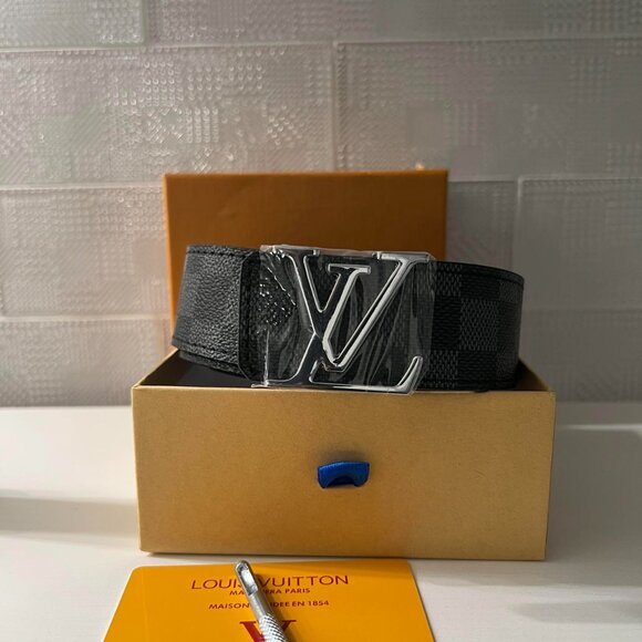 Black Leather Belt with a Silver Buckle LV logo - Picture 2 of 6